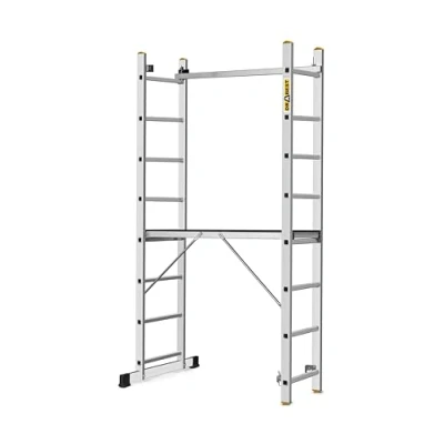 Afbeelding van DRABEST PRO 3 in 1 multifunctionele ladder van aluminium, steiger, vouwladder met werkplatform en emmerhaak, hoogte verstelbaar, opvouwbaar, 2 x 8 treden