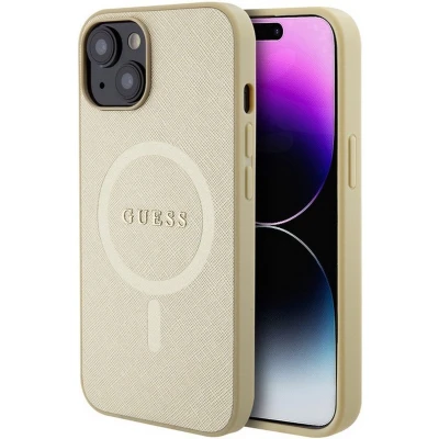Afbeelding van Guess Saffiano Back Case (MagSafe Compatible) Geschikt voor Apple iPhone 15 Plus (6.7&quot;) Goud