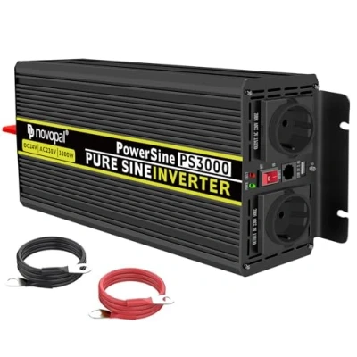 Afbeelding van NOVOPAL Converter zuivere sinus 3000 W DC 24 V naar AC 220/230 omvormer 2 EU stopcontact wisselstroom en 1 USB poort piekvermogen 6000 spanningstransformator