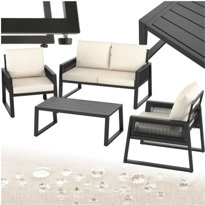 Afbeelding van tectake® Rope design loungeset meubelset voor tuin of balkon, zitgroep buiten, terrasmeubilair met 2x fauteuils, 1x bank, tafel in houtlook, inclusief kussens, weerbestendig