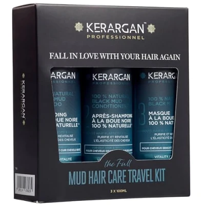 Afbeelding van Kerargan Mud Hair Care Travel Kit, haarverzorgingsset met zwarte modder uit de Dode Zee voor vet haar en een geïrriteerde hoofdhuid Shampoo, conditioner, masker Zonder sulfaat, GGO 3 x 100 ml