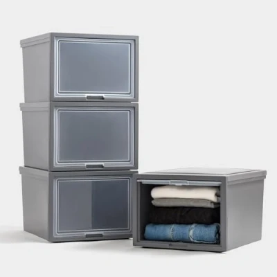 Afbeelding van Iris Ohyama, Tiroirs en Plastique Empilables pour Vêtements, Chaussures, 40L, Set de 4, Grand, Gris foncé, Porte à rabat, Placard, Chambre, Entrée, Sans BPA, Organisateur, Tour, BCF 500