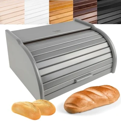 Afbeelding van Creative Home Houten Broodtrommel Grijs 38 x 28,5 17,5 cm (+/ 1cm) Natuurlijk Beukenhout Container met Roltop Brooddoos voor Elke Keuken Perfect Droogvoer