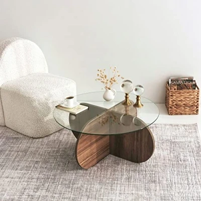Afbeelding van Ronde Salontafel glas hout walnoot 75x35cm gehard glass bijzettafel