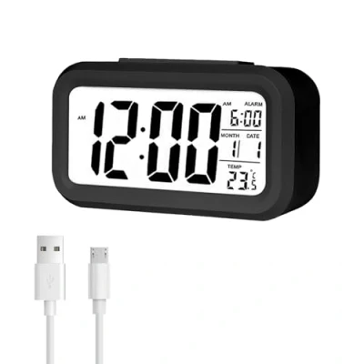 Afbeelding van Jsdoin Digitale wekker, led display, intelligent alarm met temperatuur, helderheidssensor, 12/24 uur, sluimerfunctie en voor slaapkamer, huis, kantoor (oplaadbaar, zwart)