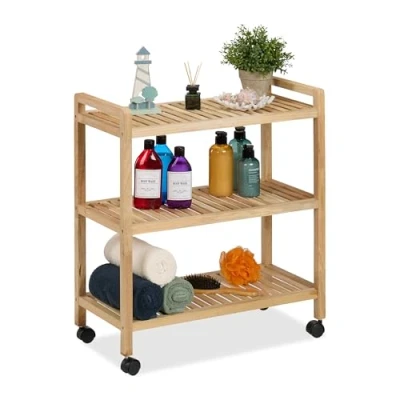 Afbeelding van Relaxdays houten badkamerrek op wielen 72 x 65 31 cm keukenrek