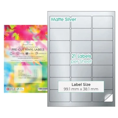 Afbeelding van Evergreen Goods™ 210 stuks A4 voorgesneden zelfklevende etiketten waterdicht mat zilver 3 x 7 (21 per vel): in totaal etiketten, 10 vellen inkjet en laserdruk achterkant