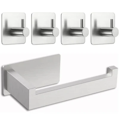 Afbeelding van Toiletpapierhouder zonder boren, zelfklevend, roestvrij staal, met 4 handdoekhaken, voor badkamer en keuken, zilver