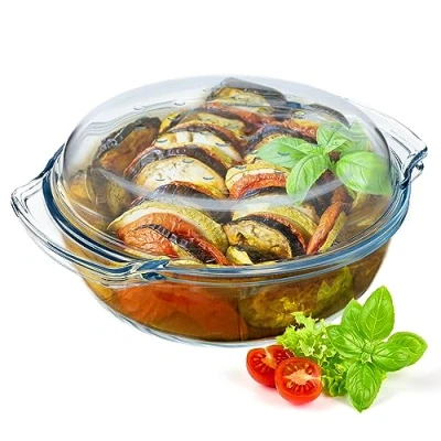 Afbeelding van KADAX glazen braadpan, ovenschaal met hittebestendig deksel, vuurvaste container voor lasagne, groentestoofpot, braadpan het braden in de oven (rond, 2,4 l)