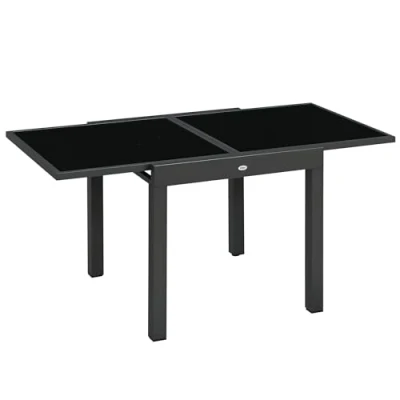 Afbeelding van Outsunny tuintafel, uittrekbaar, grote afmetingen uitgevouwen 160 L x 80 B 75 H cm aluminium metaal epoxyhars donkergrijs plaat gehard glas zwart
