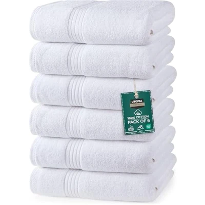 Afbeelding van Utopia Towels Set van 6 luxe handdoeken, (41 x 71 cm), 100% gesponnen katoen, licht en zeer absorberend, voor badkamer, reizen, camping, hotel spa (Wit)
