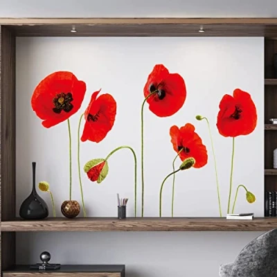 Afbeelding van Walplus Bloemen Thema Wanddecoratie Geschenken voor Meisjes Verwijderbare Muurstickers met Rode Klaprozen Kunst Nursery (Herbruikbaar) 25st Zwart Rood Groen