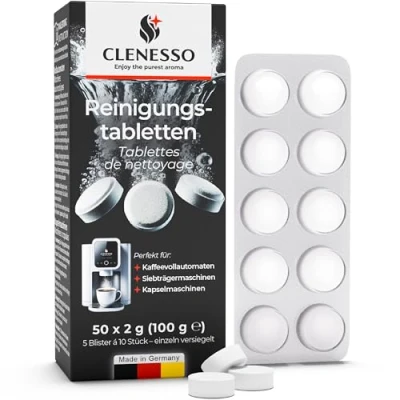 Afbeelding van CLENESSO Reinigingstabletten voor koffiezetapparaten (50 stuks) reiniging compatibel met De&#039;Longhi, Senseo, Siemens, Jura, Krups enz. Ontkalker optimale