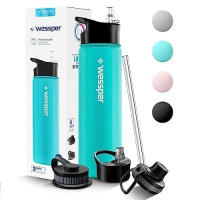 Afbeelding van Wessper Thermische drinkfles van roestvrij staal, 700 ml, lekvrij, thermosfles, BPA vrij, met 3 deksels, elegante marinefles, sport, thermosfles voor kinderen en volwassenen, camping