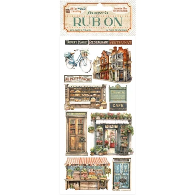 Afbeelding van Stamperia Art of Travelling Rub On 4x8,5 Inch Shops (DFLRB133)