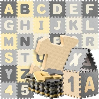 Afbeelding van Spielwerk XXL Puzzelmat Schuim 86 Delen Cijfers Letters Grijs