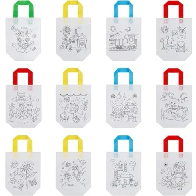 Afbeelding van Kleurtassen, 6 stuks schilderzakjes met pennen voor stof, kinderen, cadeautas, verjaardag, herbruikbare handtassen