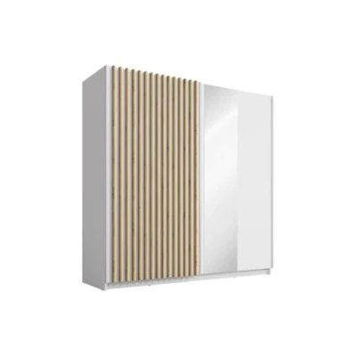 Afbeelding van Kast Met 2 schuifdeuren spiegel L200 cm Wit en naturel TINDANIA L 200.3 x H 198.5 D 62