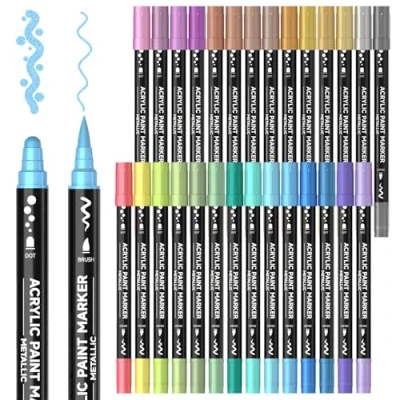 Afbeelding van Acrylverfstiften, 28 stuks, dubbele punt, penseelpunt en stippenpunt, voor schilderen op steen, keramiek, hout, canvas, kunststof, glas, kalligrafie, maken van