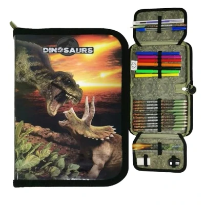 Afbeelding van Theonoi Trousse à crayons 2 compartiments d&#039;écolier remplie, dinosaure,