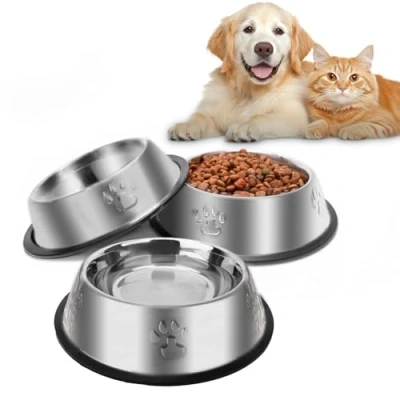 Afbeelding van 3 stuks kattenbakken van roestvrij staal, antislip, metaal, met rubberen basis voor katten en kleine honden