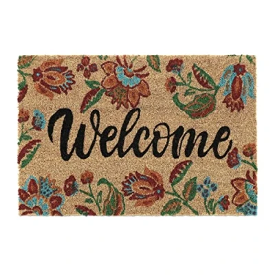 Afbeelding van Relaxdays Voetmat, kokosvezel, bloemendesign, opschrift, antislip, 40 x 60 cm, binnen en buiten, kleurrijk