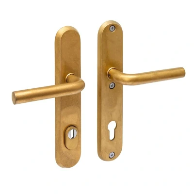 Afbeelding van Intersteel SKG3 veiligheidsbeslag ovaal 250x50mm kruk/kruk Luzern met veerconstructie profielcilindergat 92mm kerntrekbeveiliging PVD messing getrommeld