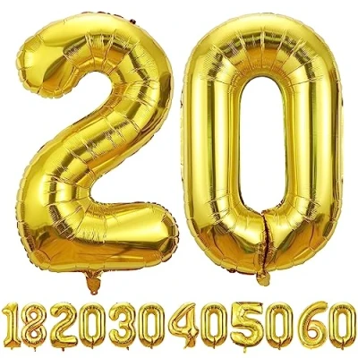 Afbeelding van Gouden ballonnen voor 20 jaar, 101 cm, decoratie de 20e verjaardag, cijfers, met helium, mannen en vrouwen, verjaardagsfeest