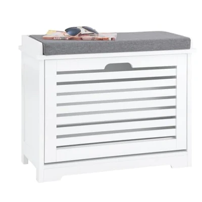 Afbeelding van SoBuy Schoenenbank, schoenenkast, halmeubel, kist met 1 wc bril en kussen, voor entree, hal, slaapkamer woonkamer, wit, L 60 x D 29 H 49 cm, FSR184 K W