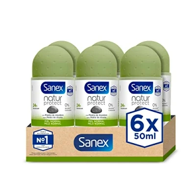 Afbeelding van Sanex Natur Protect Roll On Deodorant, 24 uur bescherming tegen slechte geurtjes, met liefdessteen, 0% alcohol, zonder allergenen en kleurstoffen, normale huid, verpakking van 6 x 50 ml