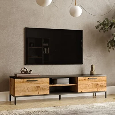 Afbeelding van TV kast met 2 deuren, opbergkast, design, voor woonkamer, opbergruimtes, kabeldoorvoeringen, spaanplaat, metaal, 39 x 160 35 cm, eikeneffect, rustiek, antraciet
