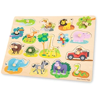 Image de New Classic Toys 10441 Peg Puzzle Safari 16 pièces, 100% FSC, bois certifié