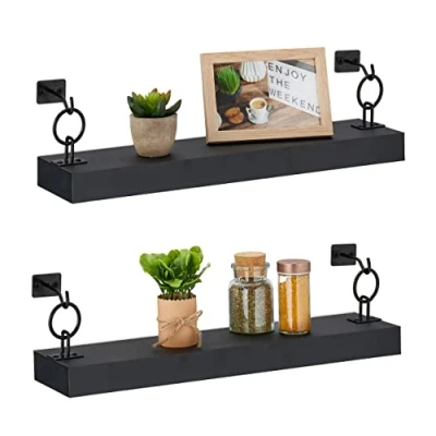 Afbeelding van Relaxdays wandplank zwart set van 2 zwevende plank woonkamer muurplank smal keuken