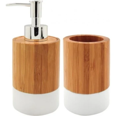 Afbeelding van Badkamerset zeeppompje en beker/tandenborstelhouder bamboe 17 cm badkamer accessoires