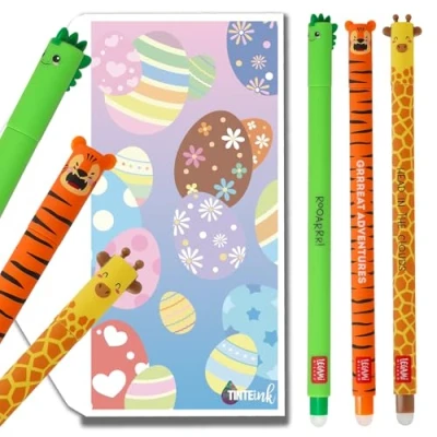 Afbeelding van Legami Lot de 3 stylos effaçables avec jolie enveloppe Motif girafe, dinosaure, tigre