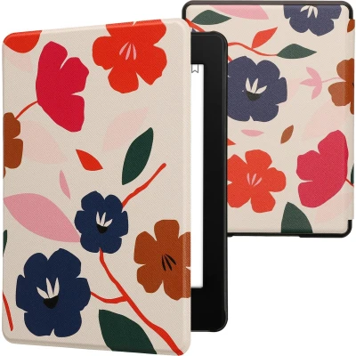 Afbeelding van kwmobile E reader hoesje geschikt voor Amazon Kindle Paperwhite 11. Generation 2021 hoes flip case met magnetische sluiting Ereader cover Bonte bloemen design in roze / donkerblauw crème