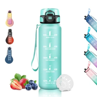 Image de Bouteille d&#039;eau de 1 litre Bidon motivation, sans fuite, motivation Gourde avec horaires pour boire, gourdes cyclisme, sport, yoga, camping, randonnée, vert