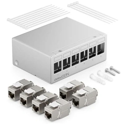 Afbeelding van deleyCON 6 Poorts Patchpanel Set Patch Field 1HE + 6x RJ45 Keystone Jack Module STP CAT6a Compatibel met Installatiekabels CAT5 CAT6 CAT7 Netwerkkabel Ethernet LAN DSL Grijs