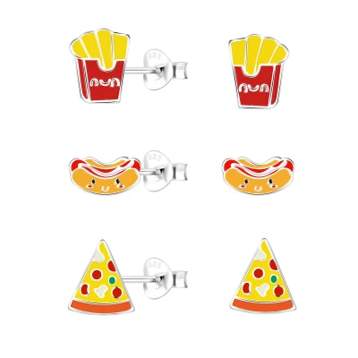 Afbeelding van Zilveren fast food oorstekers setje oorbellen Meisje Zilver Frietjes Hotdog Pizza oorknopjes kindersetje Zilverana Sterling 925 Silver