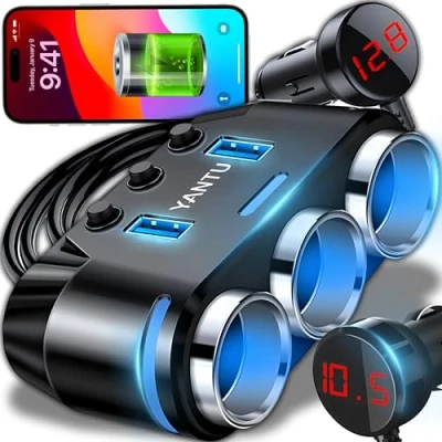 Afbeelding van Retoo Autoladeradapter met 3 vakken en 2 USB aansluitingen, autosigarettenaansteker splitter vakken, led stekkerdoos, voor telefoon