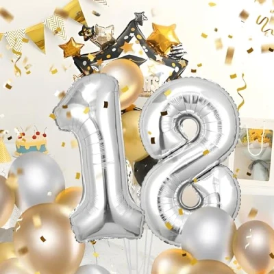 Afbeelding van Verjaardagsballonnen 18, zilverkleurig, 100 cm, ballon cijfer nummer Happy Birthday decoratie, ballonnen, verjaardagsfeest, jaren vliegen dankzij helium 18