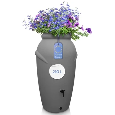 Afbeelding van Regenton 210 liter [Amfore Design] regenvat vorstbestendig van kunststof regenwaterton met kraan regenwatertank tuin (grijs)