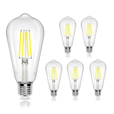 Afbeelding van Aigostar ledlamp E27, koudwit, 6500 K, 1050 lm, 8 W, komt overeen met gloeilamp 69 retro ST64, niet dimbaar, 5 stuks