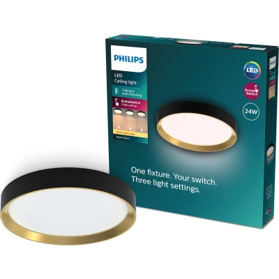 Afbeelding van Philips Hanno plafondlamp SceneSwitch lichttechnologie 24W Warmwit licht Zwart met goud design