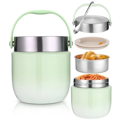 Afbeelding van geïsoleerde voedselcontainer, 1200 ml, kom met deksel, roestvrijstalen warmhoudcontainer opvouwbare lepel, lunchbox voor kinderen en volwassenen,