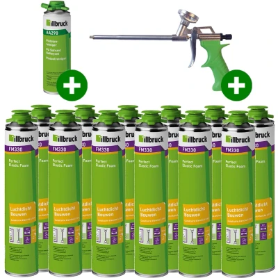 Afbeelding van Illbruck PU schuim FM330 880ml met purpistool en reiniger (Set van 12 bussen)