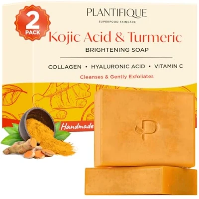 Image de PLANTIFIQUE Turmeric &amp; Kojic Acid Soap Lot de 2 barres Savon Exfoliant Visage avec Curcuma, Vitamine C et Collagène pour Ton Uniforme la Peau Savons Naturels, Nettoyant Solide 160 g