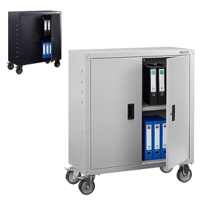 Afbeelding van AREBOS Archiefkast Dossierkast Roldeurkast Kantoorkast Opbergkasten met deuren Metaal 90x90x40 cm Grijs 4 Wielen 1 Uitneembare planken