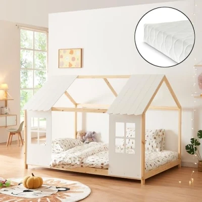 Afbeelding van Kinderbed Tostedt huisbed met matras 140x200 cm houtkleurig en wit [en.casa]
