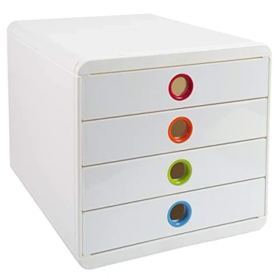 Afbeelding van Exacompta Ref. 314398D POP BOX 4 gesloten laden voor A4+ documenten Buitenafmetingen: diepte 34,70 x breedte 27,80 hoogte 26,70 cm Wit/Harlekijn wit